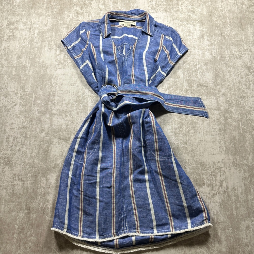 Pilcro Shirt Dress Women 6 Blue Striped Linen Blend Belted Fringed Anthropologie